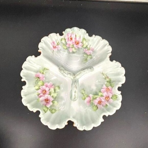 Art Nouveau Other - Vintage Art Nouveau Green Pink Floral Porcelain Divided Serving Dish Candy Nuts